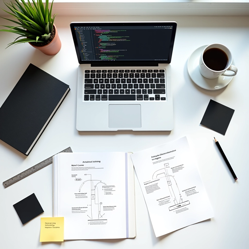 Motion Flow editorial workspace with research materials, code samples, and design tools organized on a clean desk